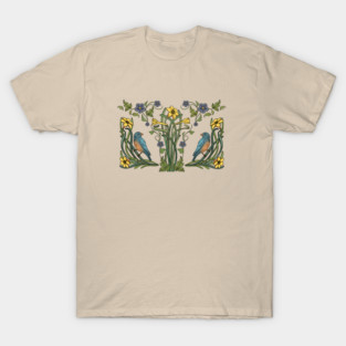 Art Nouveau Bluebirds, Sunflowers And Daffodils T-Shirt