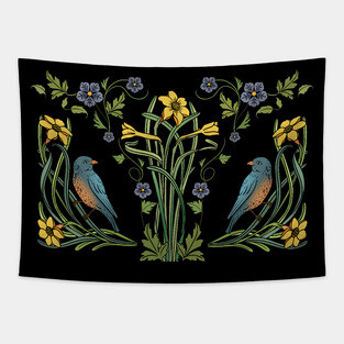 Art Nouveau Bluebirds, Sunflowers And Daffodils Tapestry