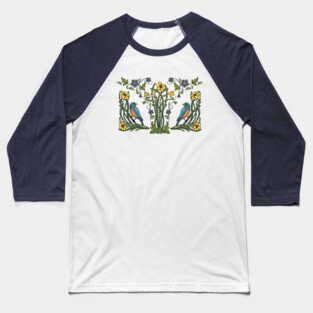 Art Nouveau Bluebirds, Sunflowers And Daffodils Baseball T-Shirt