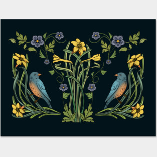 Art Nouveau Bluebirds, Sunflowers And Daffodils Posters and Art