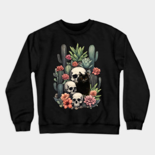 Black cat with skull, skeleton with succulent plant, cat lover, succulent plant lover Crewneck Sweatshirt