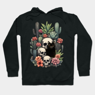 Black cat with skull, skeleton with succulent plant, cat lover, succulent plant lover Hoodie