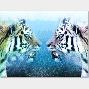 ✪ Tiger Brothers ✪ Mirror Universe Abstract Animal Art / Exotic Blue Kings Posters and Art
