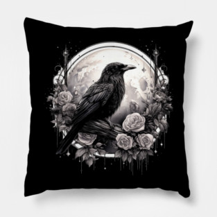 Gothic Crow, Full Moon, Roses, Raven Edgar Allan Poe Witchy Mystic Pillow
