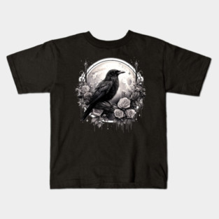 Gothic Crow, Full Moon, Roses, Raven Edgar Allan Poe Witchy Mystic Kids T-Shirt