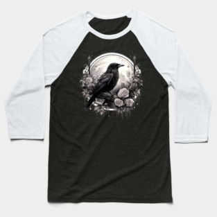 Gothic Crow, Full Moon, Roses, Raven Edgar Allan Poe Witchy Mystic Baseball T-Shirt