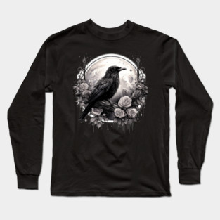 Gothic Crow, Full Moon, Roses, Raven Edgar Allan Poe Witchy Mystic Long Sleeve T-Shirt