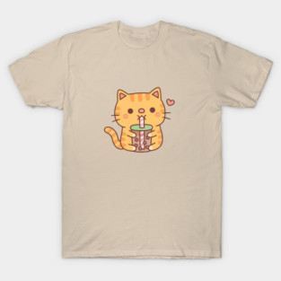 Cute Orange Tabby Cat Loves Drinking Bubble Tea T-Shirt