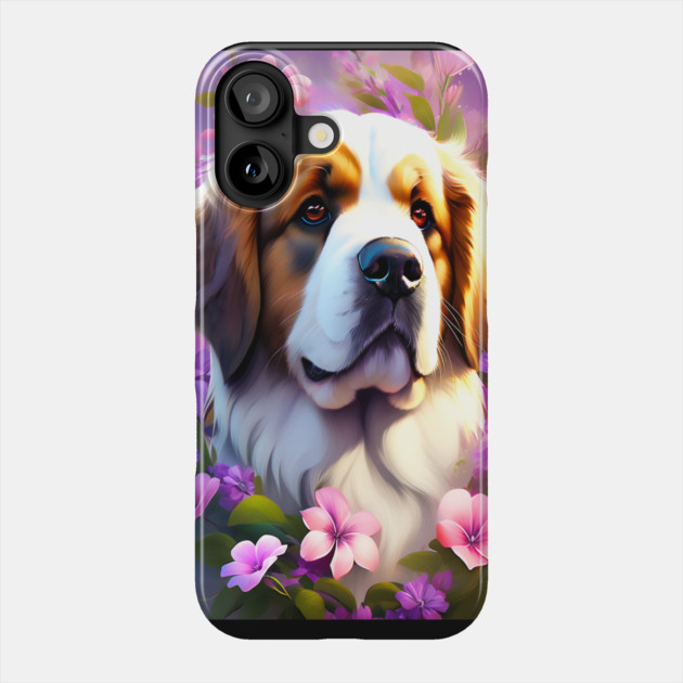 Saint Bernard Dog Surrounded by Beautiful Spring Flowers Phone Case by BirdsnStuff