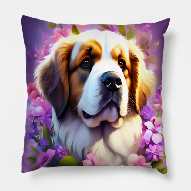 Saint Bernard Dog Surrounded by Beautiful Spring Flowers Pillow by BirdsnStuff
