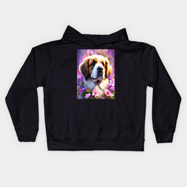 Saint Bernard Dog Surrounded by Beautiful Spring Flowers Kids Hoodie by BirdsnStuff