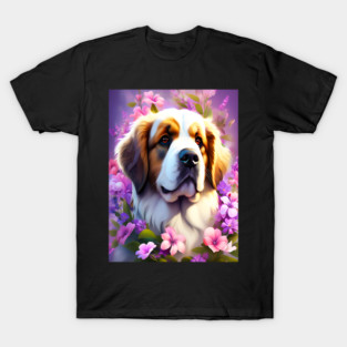 Saint Bernard Dog Surrounded by Beautiful Spring Flowers T-Shirt