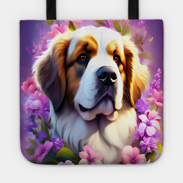 Saint Bernard Dog Surrounded by Beautiful Spring Flowers Tote by BirdsnStuff