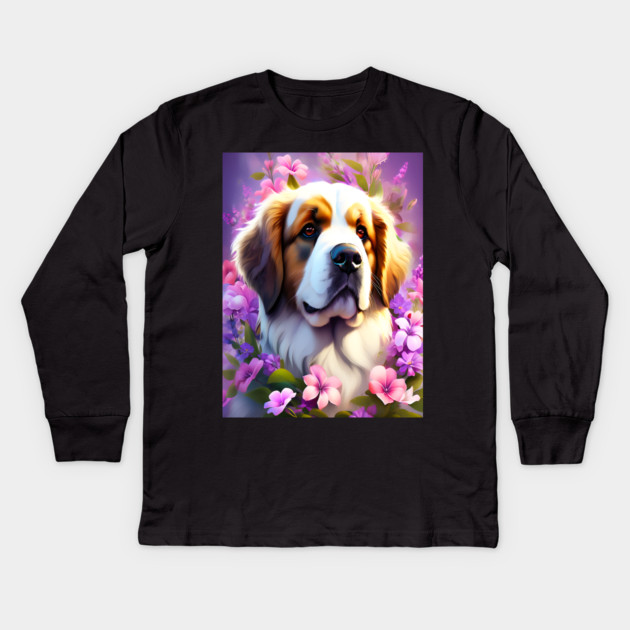 Saint Bernard Dog Surrounded by Beautiful Spring Flowers Kids Long Sleeve T-Shirt by BirdsnStuff