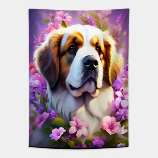 Saint Bernard Dog Surrounded by Beautiful Spring Flowers Tapestry