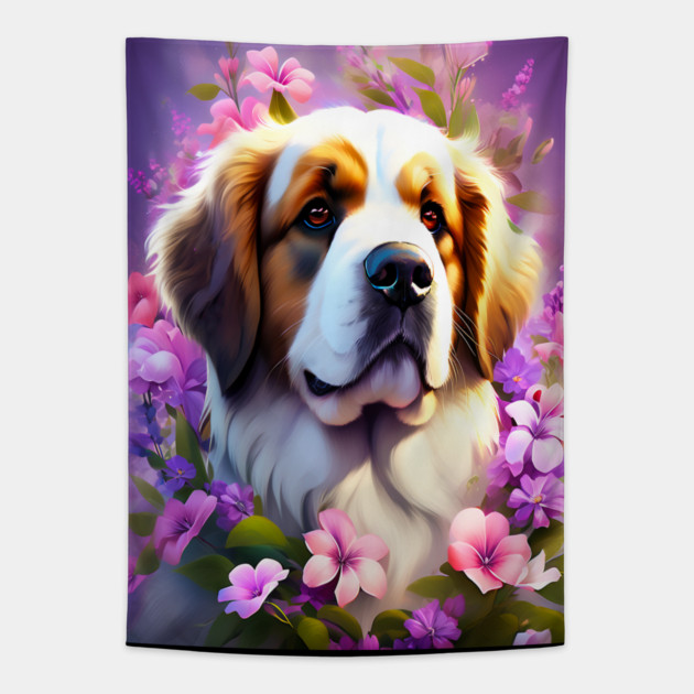 Saint Bernard Dog Surrounded by Beautiful Spring Flowers Tapestry by BirdsnStuff