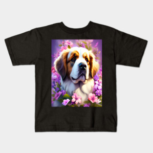 Saint Bernard Dog Surrounded by Beautiful Spring Flowers Kids T-Shirt
