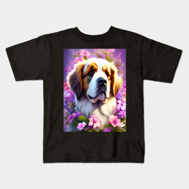 Saint Bernard Dog Surrounded by Beautiful Spring Flowers Kids T-Shirt by BirdsnStuff