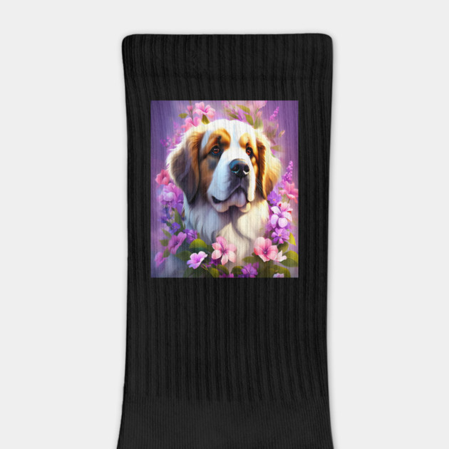 Saint Bernard Dog Surrounded by Beautiful Spring Flowers by BirdsnStuff