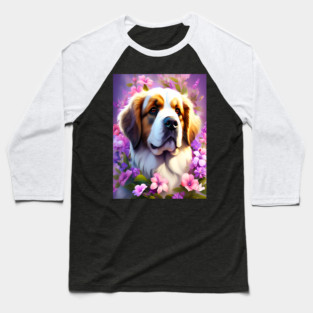 Saint Bernard Dog Surrounded by Beautiful Spring Flowers Baseball T-Shirt