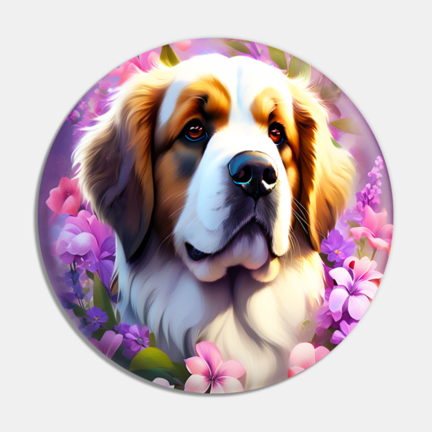 Saint Bernard Dog Surrounded by Beautiful Spring Flowers Pin by BirdsnStuff