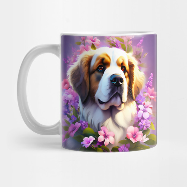 Saint Bernard Dog Surrounded by Beautiful Spring Flowers by BirdsnStuff