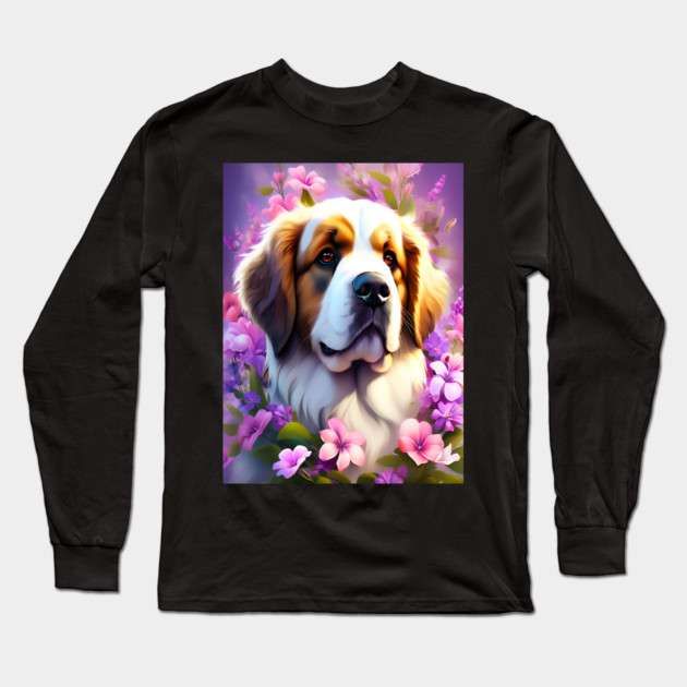 Saint Bernard Dog Surrounded by Beautiful Spring Flowers Long Sleeve T-Shirt by BirdsnStuff