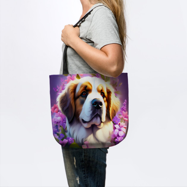 Saint Bernard Dog Surrounded by Beautiful Spring Flowers by BirdsnStuff