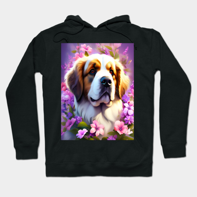 Saint Bernard Dog Surrounded by Beautiful Spring Flowers Hoodie by BirdsnStuff
