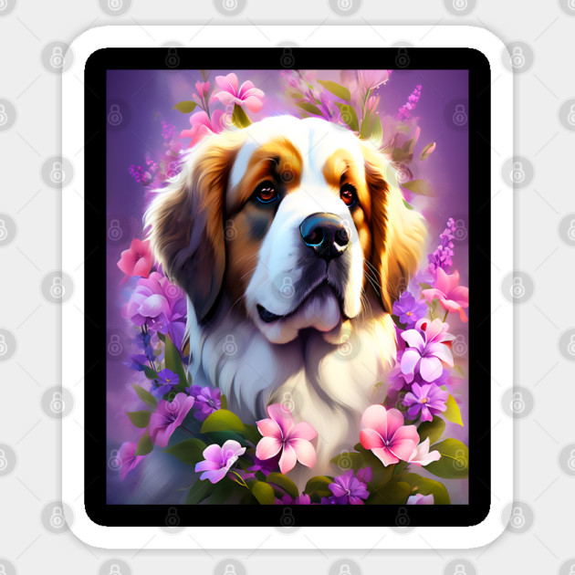 Saint Bernard Dog Surrounded by Beautiful Spring Flowers Sticker by BirdsnStuff