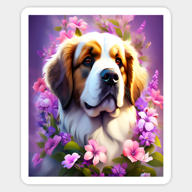 Saint Bernard Dog Surrounded by Beautiful Spring Flowers Magnet by BirdsnStuff