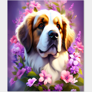 Saint Bernard Dog Surrounded by Beautiful Spring Flowers Posters and Art