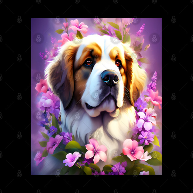 Saint Bernard Dog Surrounded by Beautiful Spring Flowers by BirdsnStuff