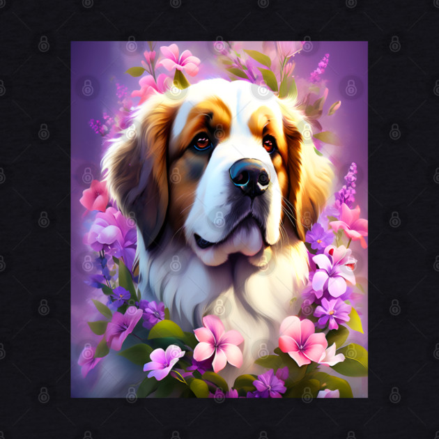 Saint Bernard Dog Surrounded by Beautiful Spring Flowers by BirdsnStuff