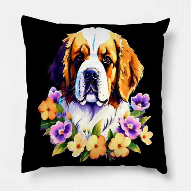 Saint Bernard Dog Surrounded by Beautiful Spring Flowers Pillow by BirdsnStuff