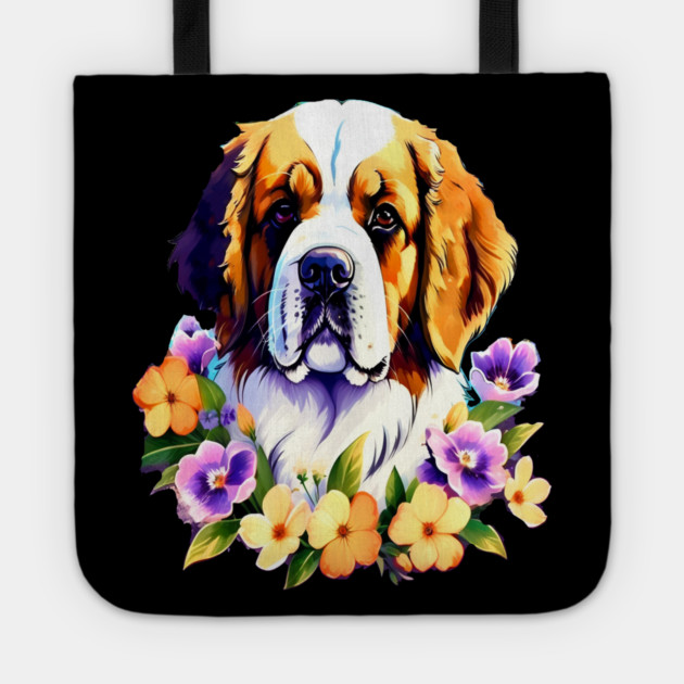 Saint Bernard Dog Surrounded by Beautiful Spring Flowers Tote by BirdsnStuff