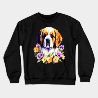 Saint Bernard Dog Surrounded by Beautiful Spring Flowers Crewneck Sweatshirt