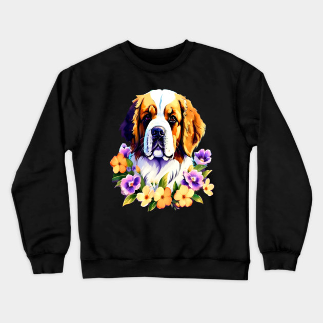 Saint Bernard Dog Surrounded by Beautiful Spring Flowers Crewneck Sweatshirt by BirdsnStuff