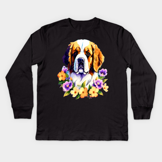 Saint Bernard Dog Surrounded by Beautiful Spring Flowers Kids Long Sleeve T-Shirt by BirdsnStuff
