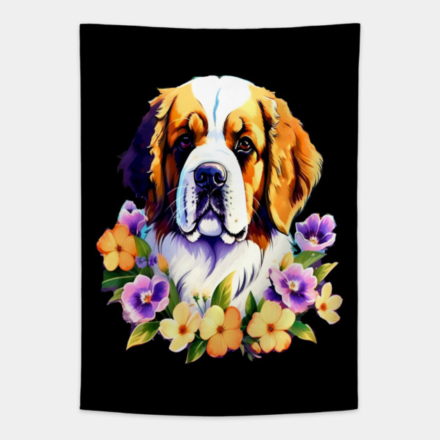 Saint Bernard Dog Surrounded by Beautiful Spring Flowers Tapestry by BirdsnStuff