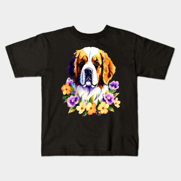 Saint Bernard Dog Surrounded by Beautiful Spring Flowers Kids T-Shirt by BirdsnStuff