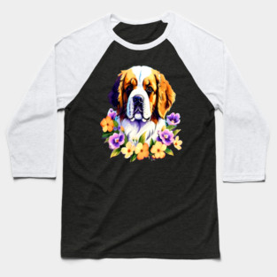 Saint Bernard Dog Surrounded by Beautiful Spring Flowers Baseball T-Shirt