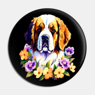 Saint Bernard Dog Surrounded by Beautiful Spring Flowers Pin