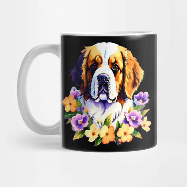 Saint Bernard Dog Surrounded by Beautiful Spring Flowers by BirdsnStuff