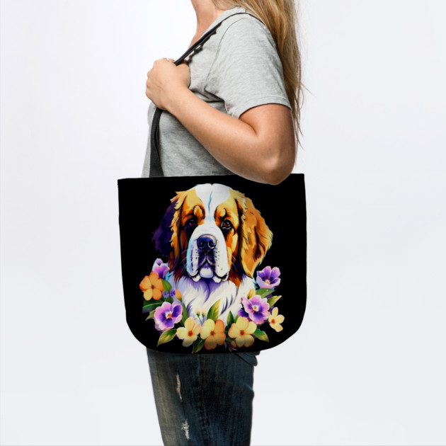 Saint Bernard Dog Surrounded by Beautiful Spring Flowers by BirdsnStuff