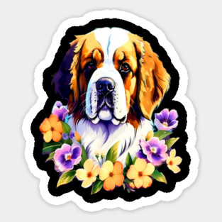 Saint Bernard Dog Surrounded by Beautiful Spring Flowers Sticker