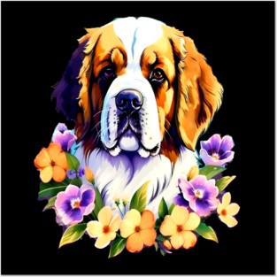 Saint Bernard Dog Surrounded by Beautiful Spring Flowers Posters and Art