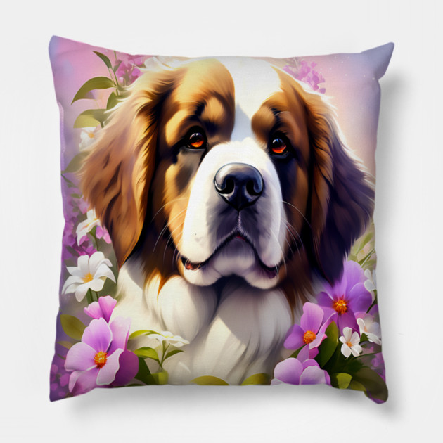 Saint Bernard Dog Surrounded by Beautiful Spring Flowers Pillow by BirdsnStuff