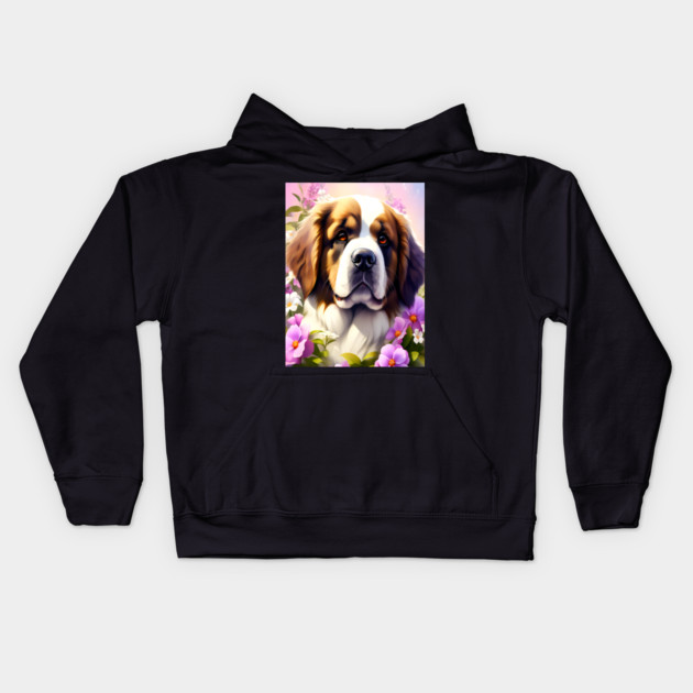 Saint Bernard Dog Surrounded by Beautiful Spring Flowers Kids Hoodie by BirdsnStuff