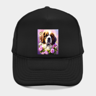 Saint Bernard Dog Surrounded by Beautiful Spring Flowers Hat